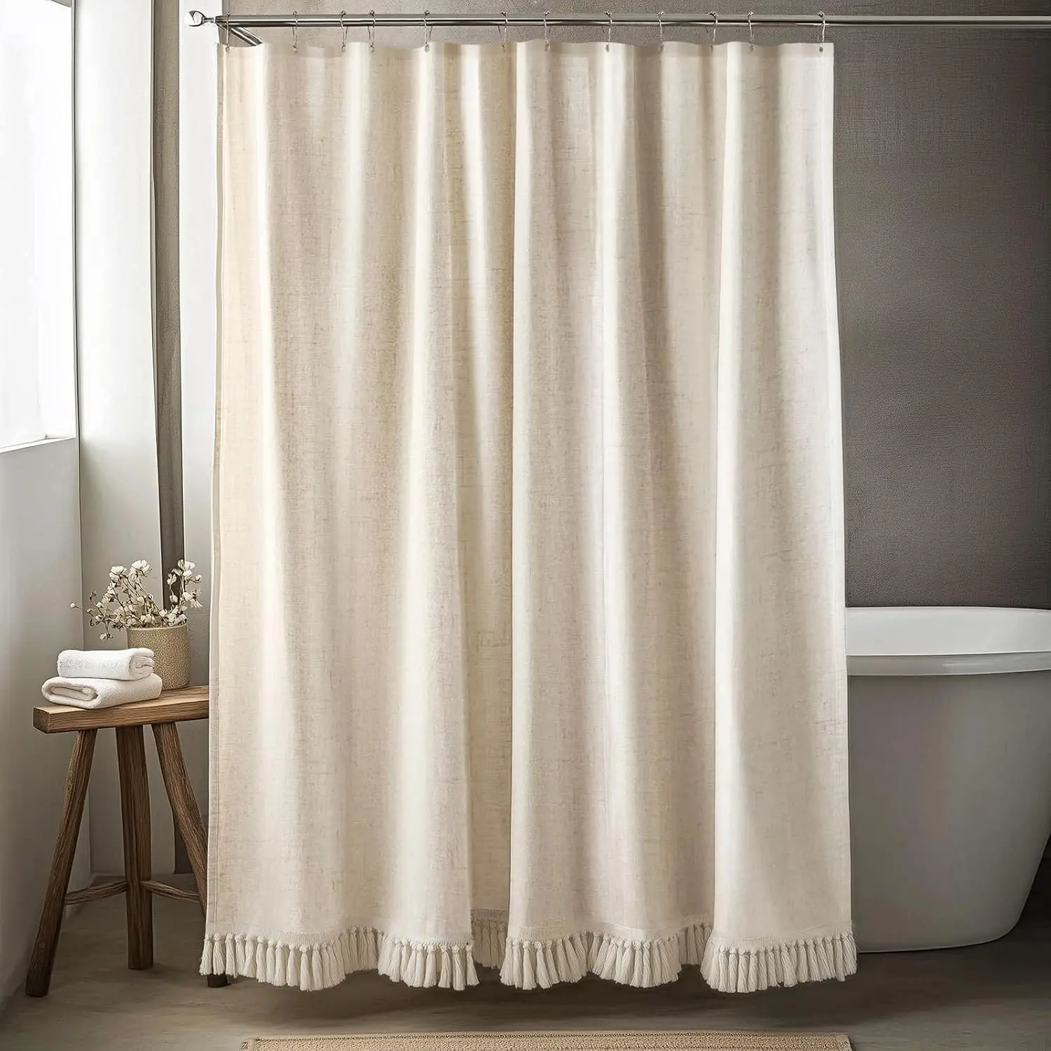 Boho Beige Linen-Poly Blend Shower Curtains with Tassels, 72"W x 72"L - Thick, Soft Textured Drape, Handcrafted Fringe, Neutral Rustic Farmhouse Bathroom Decor