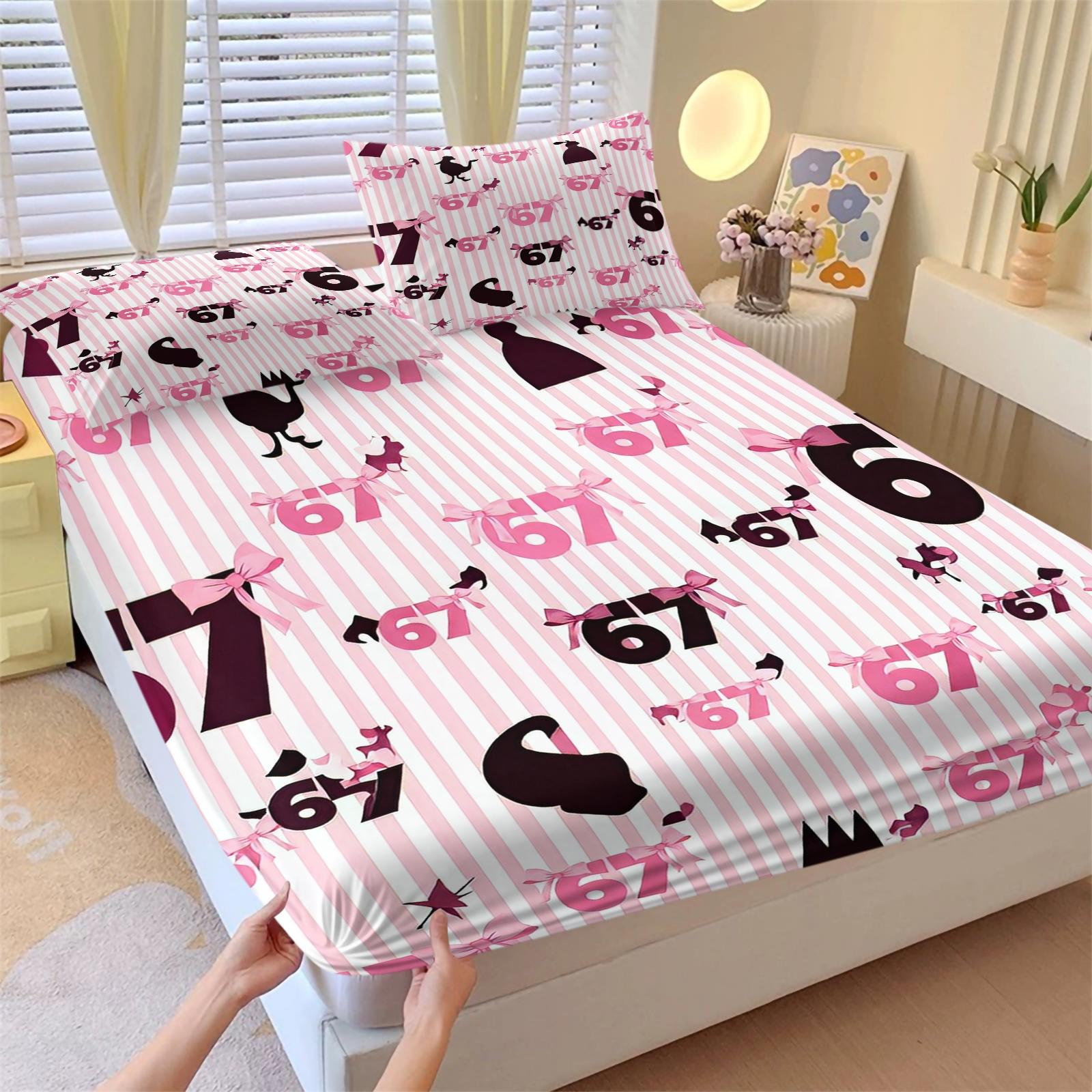 Girly-Style 67 Number Meme Limited Fitted Sheet Set (2 Pillowcases Included) | Soft & Comfortable, Creative Trendy Gift, Home Personality Highlight Bedsheet Sets