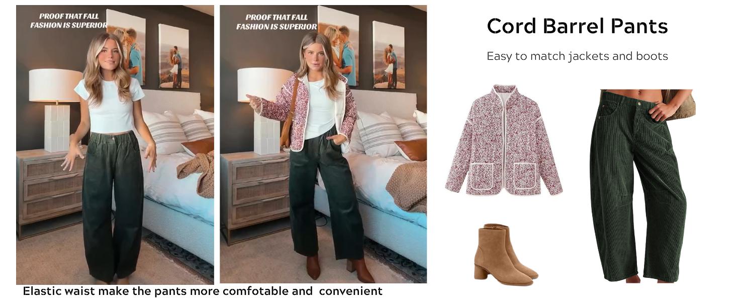 SCUSTY Women's Corduroy Pants Barrel Mid-Rise Elastic Waist Cord Pants Casual Wide Leg Baggy Trouser with Pockets SCUSTY Women's Corduroy Pants Barrel Mid-Rise Elastic Waist Cord Pants Casual Wide Leg Baggy Trouser with Pockets