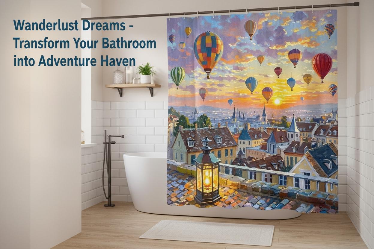 Vintage Hot Air Balloon Bath Curtain, Dreamy European Town Design, Soft Polyester, High-Definition Print, Romantic Bathroom Decor