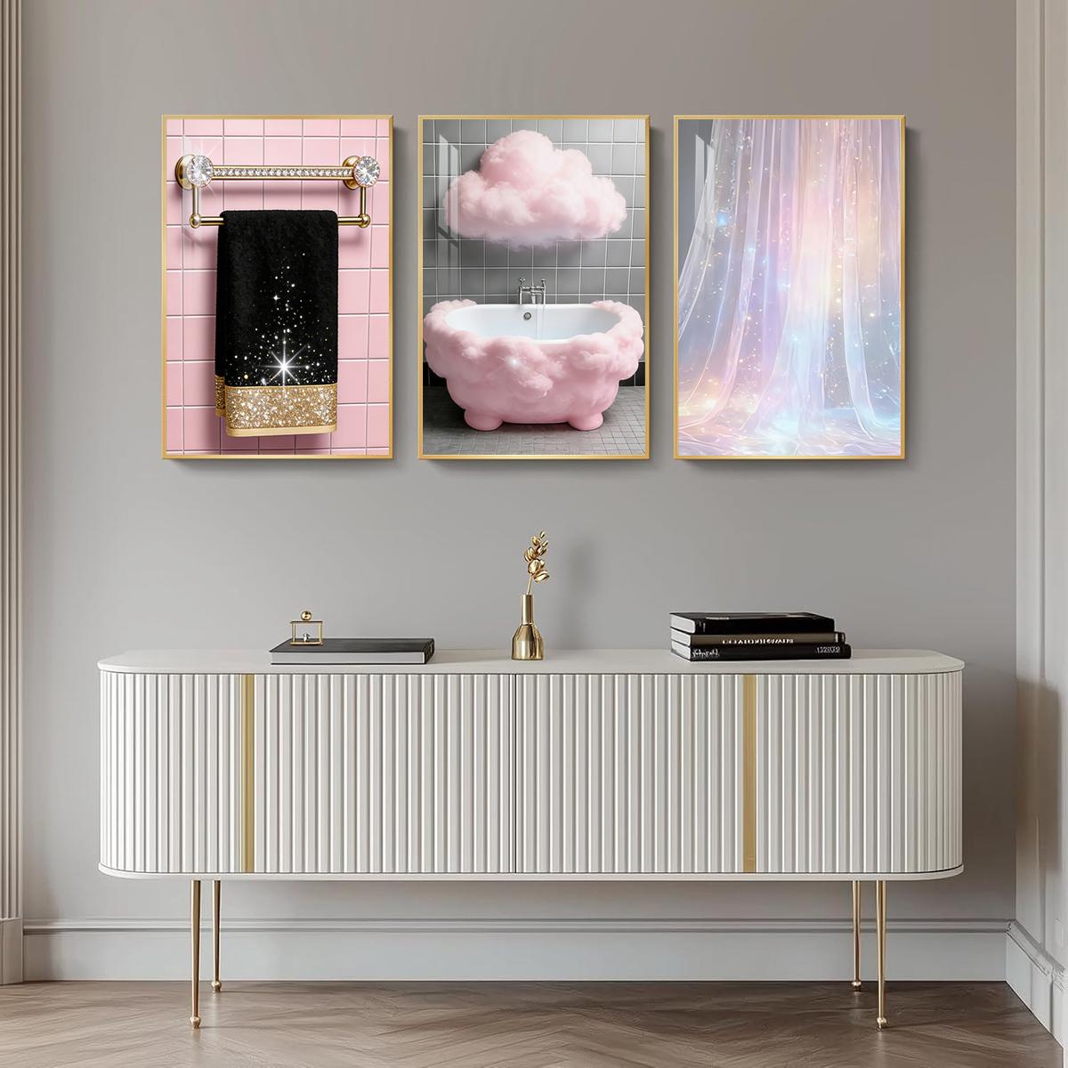 3 Counts Aluminum Alloy Framed Painting, Sparkling Bathroom Luxury Cloud And Curtain Art Pictures, Home Decoration For Living Room, Bedroom, Office, Restaurant, Hallway Wall Decor, Odorless Print Artwork, Luxury Perfect Gift For Friends And Family