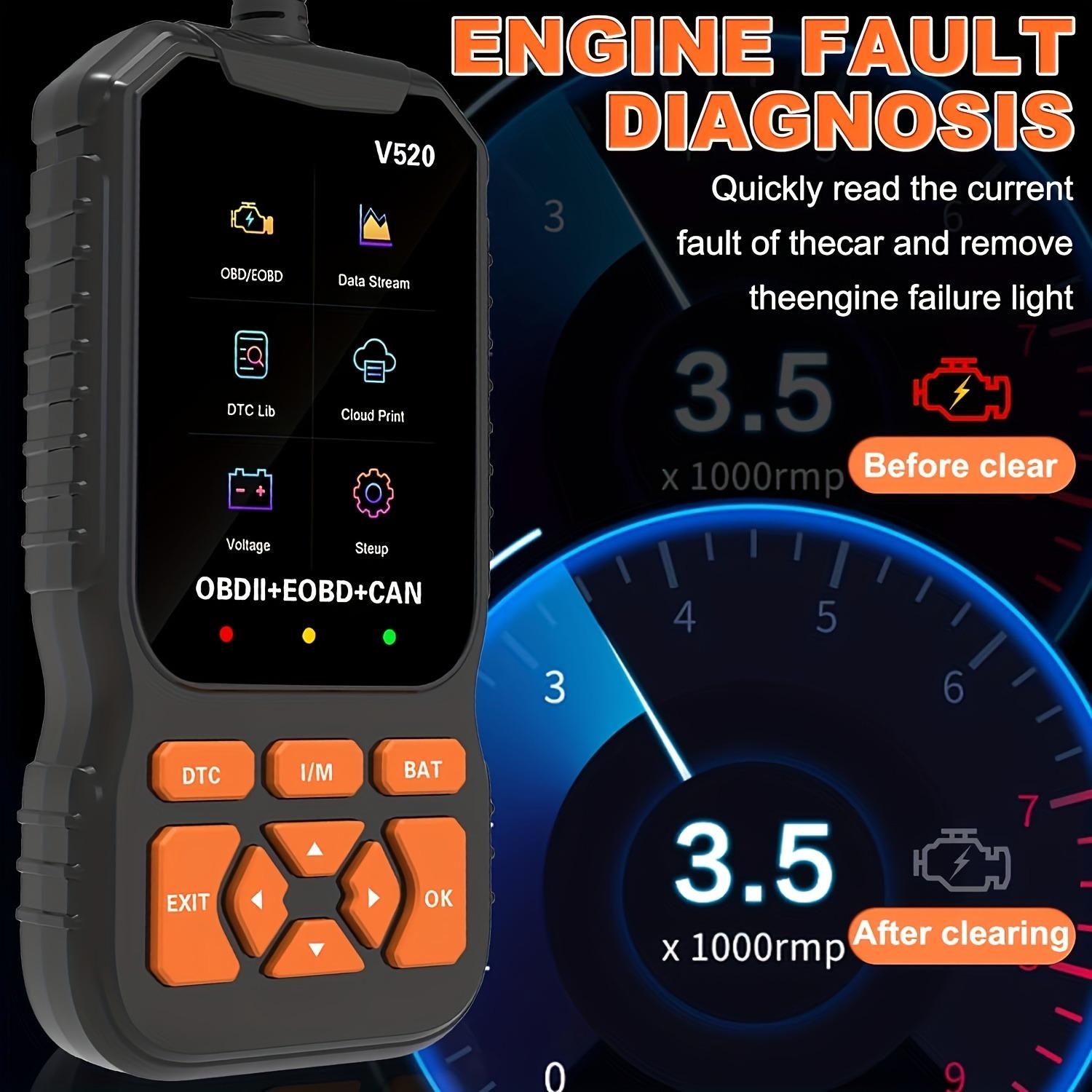 Professional Obd2 Diagnostic Scanner V520, Engine Fault Detector, Code Reader, Battery Tester, Automotive Scan Tool, Supports 10 Languages, Fits All Obd Ii Vehicles Since 1996