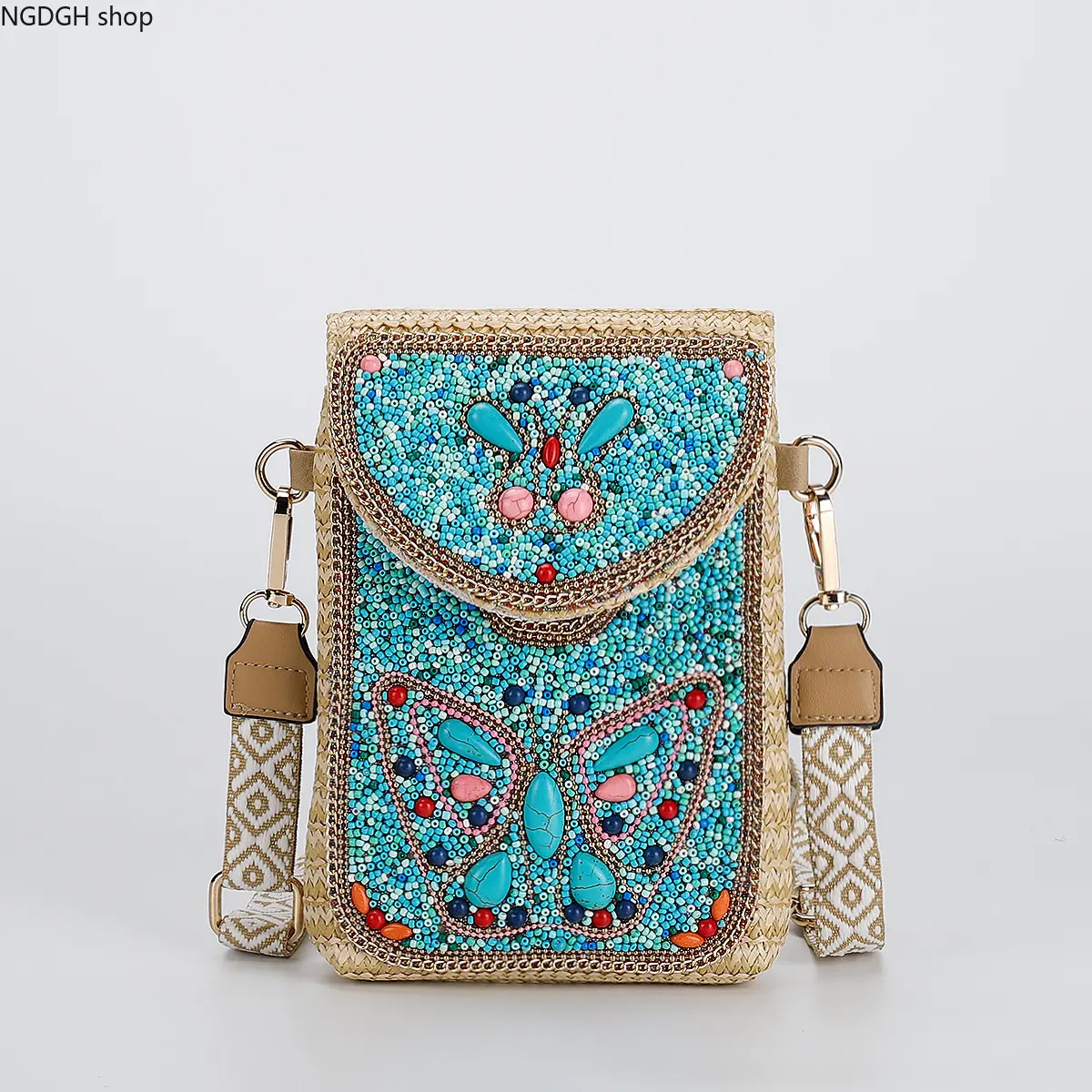 Boho Beaded Straw Phone Crossbody Bag,Butterfly Floral Beadwork Small Straw Sling Purse,Hand‑Beaded Mini Cell Phone Shoulder Bag for Vacation Beach Daily