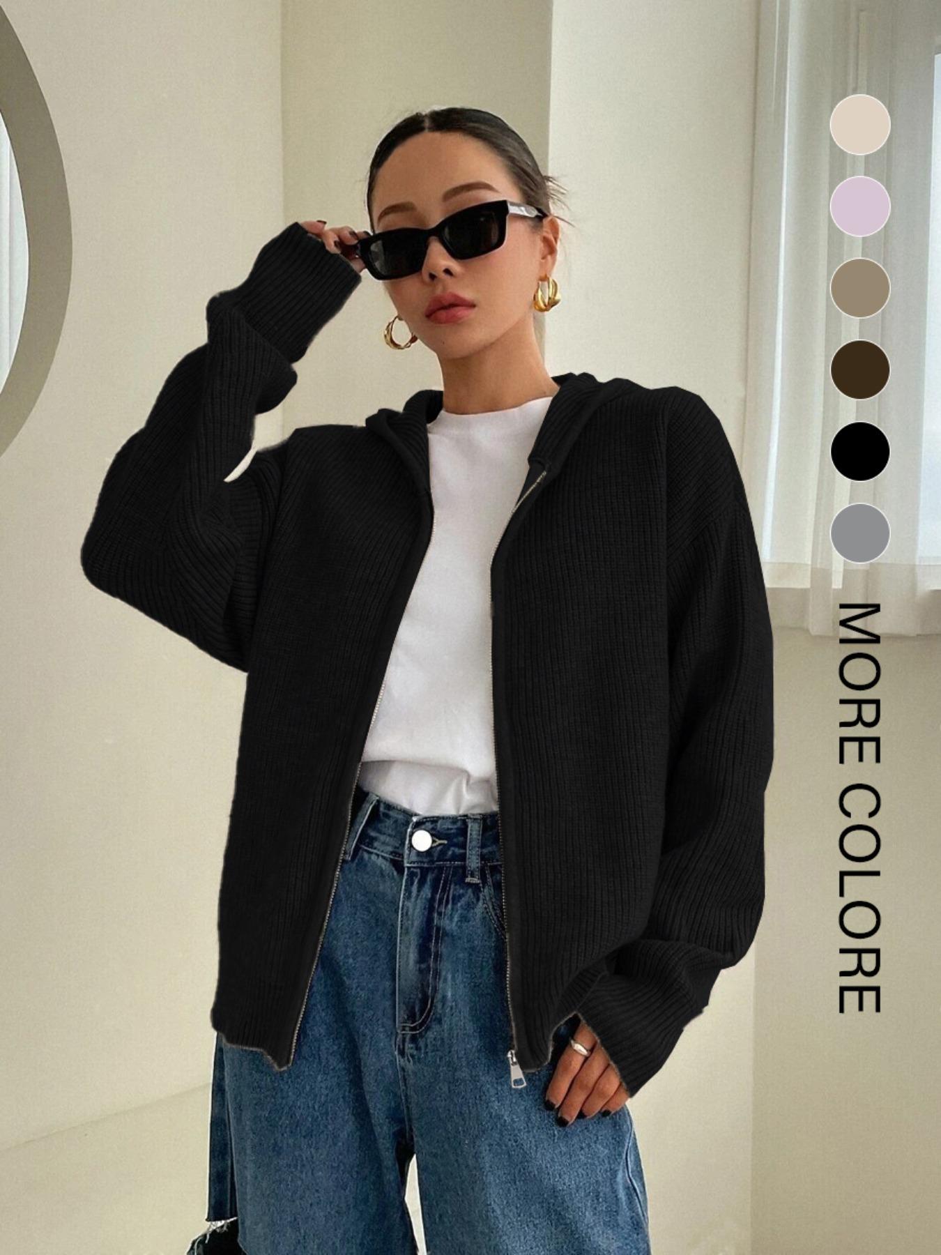 Women's Solid Zip-Up Hooded Sweater Cardigan, Casual Drop- Shoulder Long-Sleeve Cardigan, Women Knitwear for Fall & Winter Daily Wear