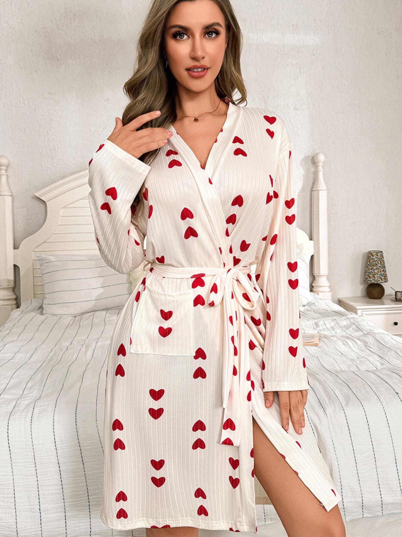 Women's Long Sleeve Heart Print Knit Robe, Casual Fall & Winter Sleepwear, Comfortable Home Wear, All-Season Bathrobe