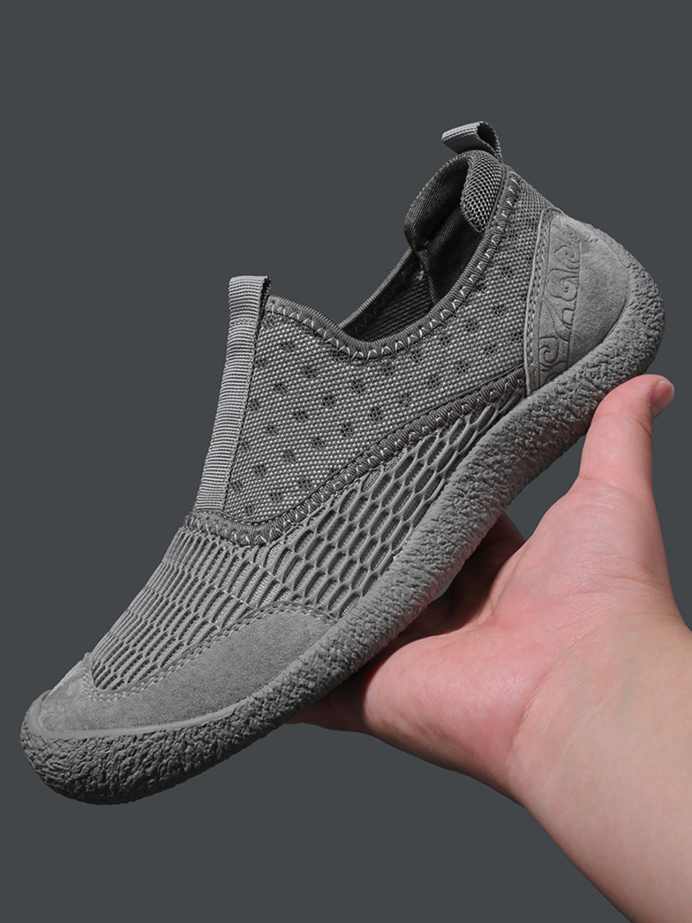 Men's Solid Color Mesh Breathable Slip-On Loafers, Soft Sole Anti-Slip Hand-Stitched Walking Shoes, Lightweight Casual Dad Shoes