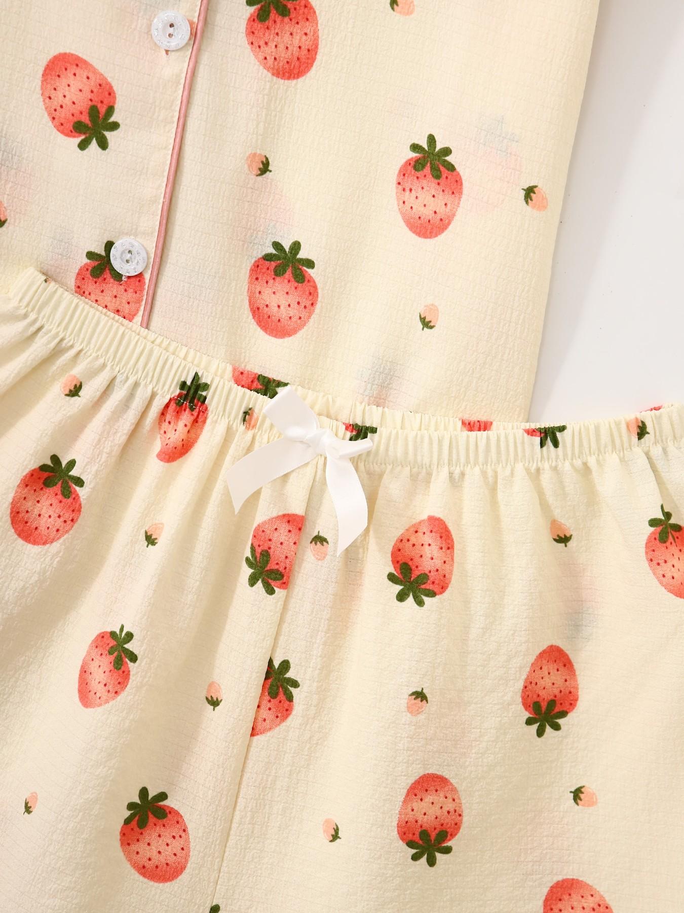 Women's Short Sleeve Button Down Top and Shorts Pajama Set, Spring Summer Wear, For Cute Sweet Girls, Cream Base Pink Strawberry Print, Classic Lapel Collar, Loose Vitality Fit, Comfortable For Home & Gatherings