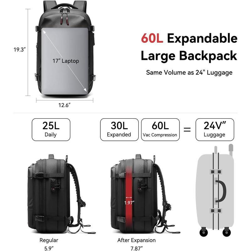 Kabaqoo Airback Vacuum Seal Compression Travel Backpack 60L Expandable Vacpack Water Resistant TSA Lock Airbag Black (Electric AirPump included)  travel accessories travel essentials Outdoorfun SpringStatements