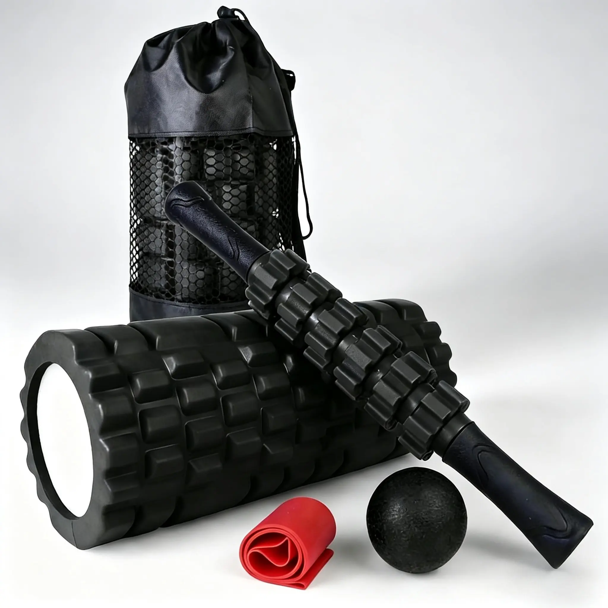 5 in 1 Foam Roller Set High Density Trigger Point Foam Roller, Muscle Roller Stick, Massage Ball, Resistance Band & Storage Bag for Yoga Pilates Workout Muscle Recovery Pilates Equipment for Home Workouts