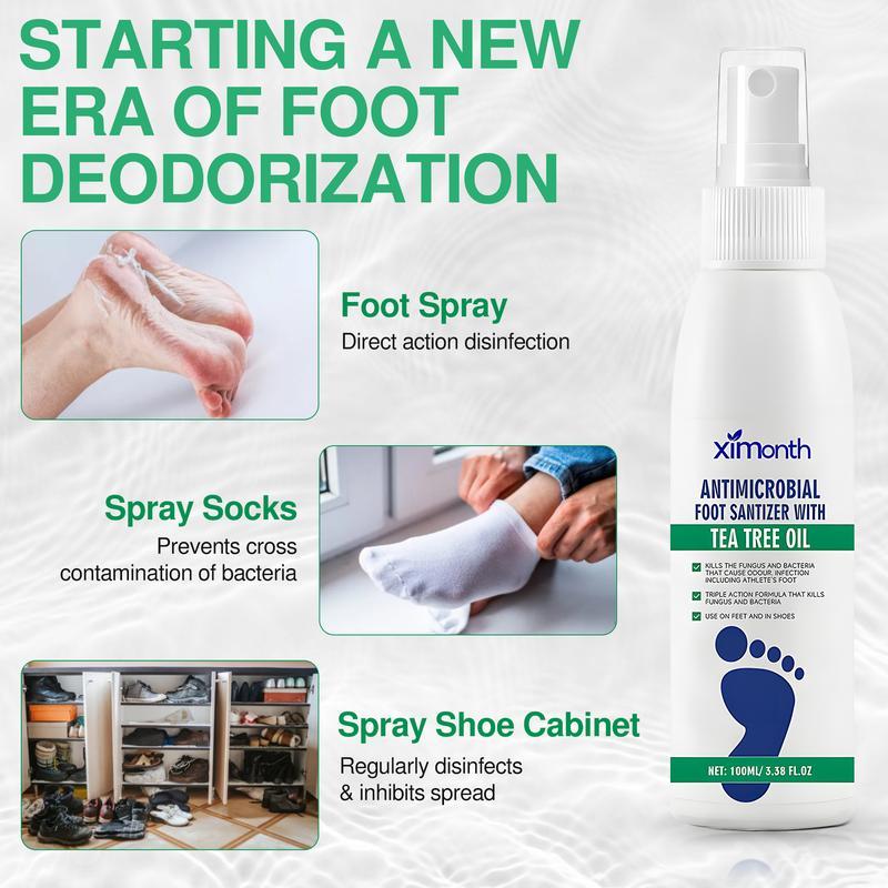 (3 bottles)Tea Tree Oil Foot Spray - Plantar Moisturizing Deodorant for Odor Control & Dry Feet Care, Natural Foot Sanitizer with Antifungal Properties,Ximonth Clear Foot Sanitizer Spray,for Foot & Shoe Freshness