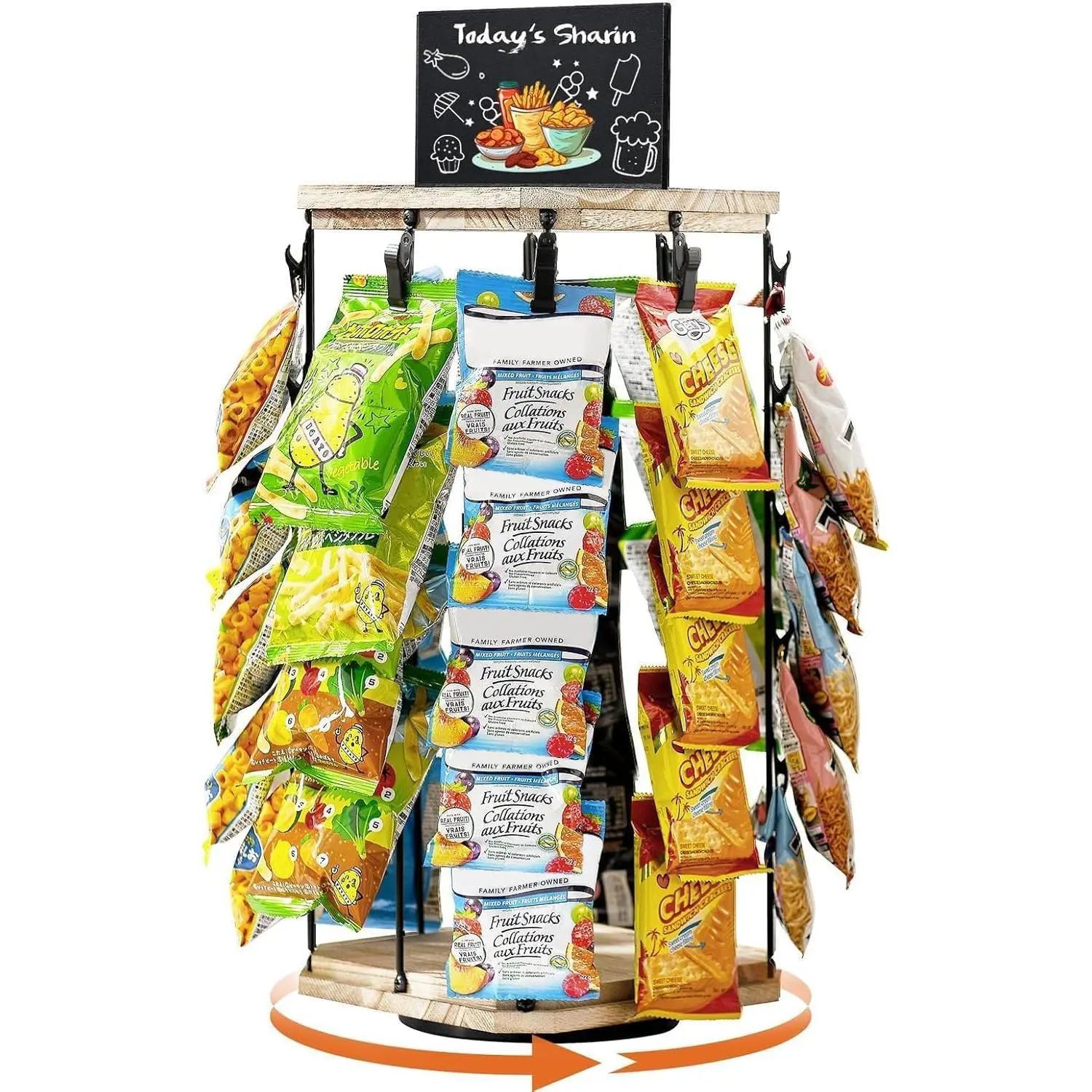 Chip Display Rack 5-Tier 360° Rotating Stand with 40 Clips, Rustic Brown Wood Base, Space-Saving Snack Organizer for Candies, Chocolates and Party Countertop Setup