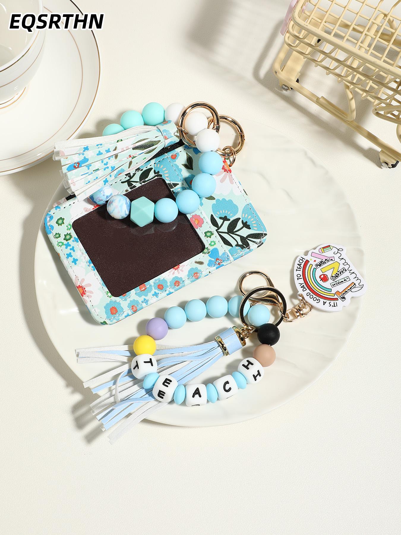 Teacher Appreciation Gift Set Beaded Keychain with ID Card Holder and Tassel Floral Pattern Teacher Lanyard Bracelet 2PCS Aesthetic School Office Accessories for Women Educators