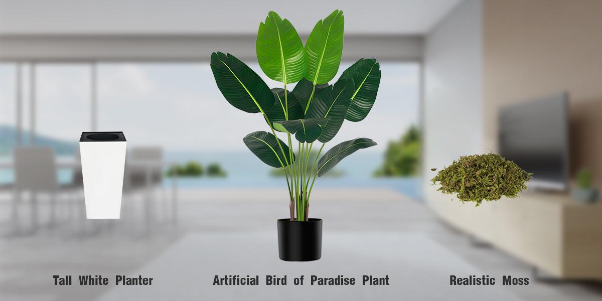 Bird Of Paradise Tree, Artificial Imitation Of Real Fake Plants, 10 Leaves With White Square Flower Pot, Home And Office Decoration
