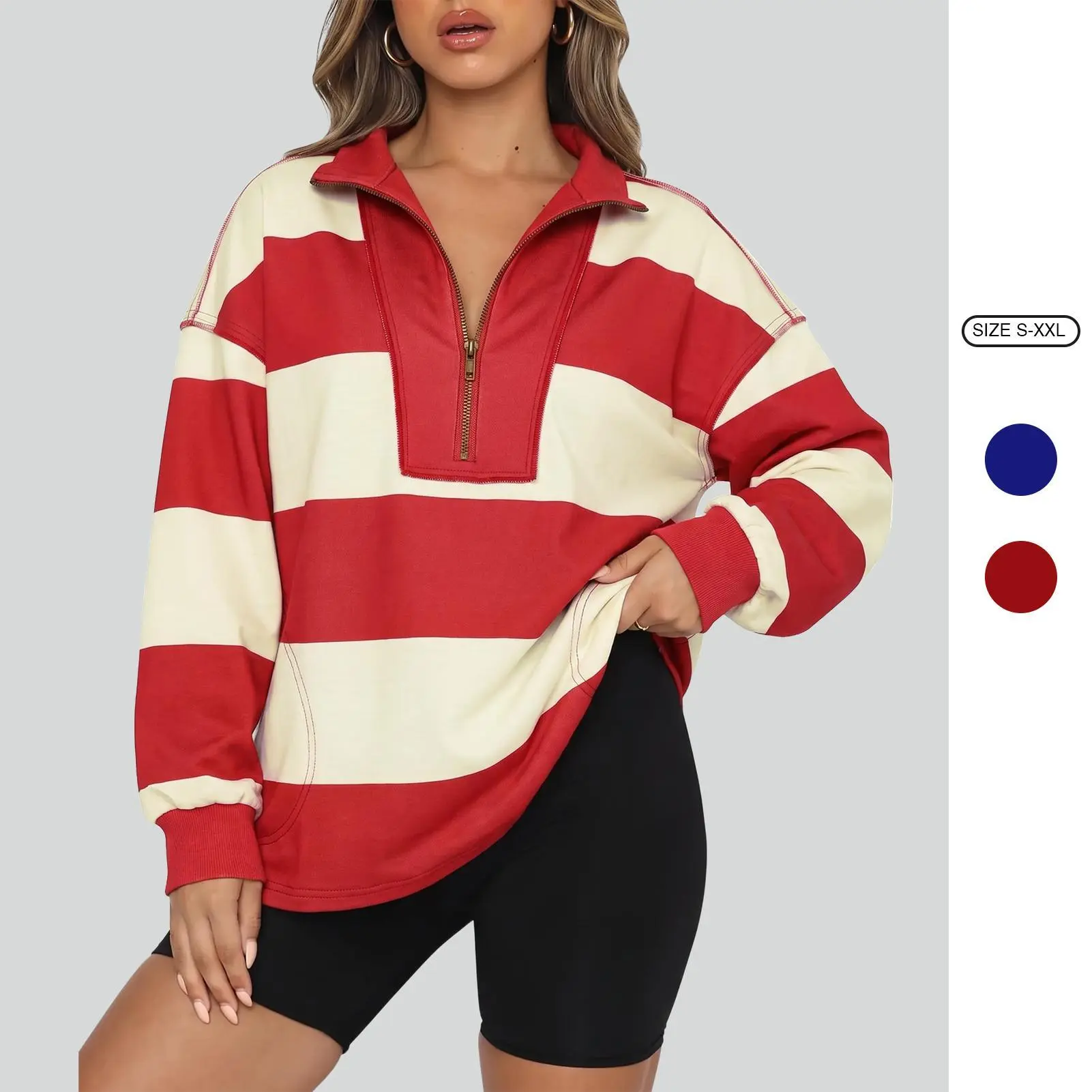 Imily Bela Women's Oversized Striped Half Zip Sweatshirt Casual Long Sleeve Pullover with Pockets
