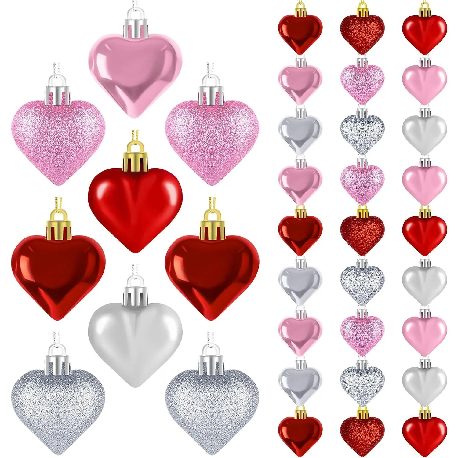 36 count Heart Ornaments, 2 Sizes Shaped  Ornaments in Red   Colors, Glossy Baubles for Love Day Decor, Decorations for Wedding Party