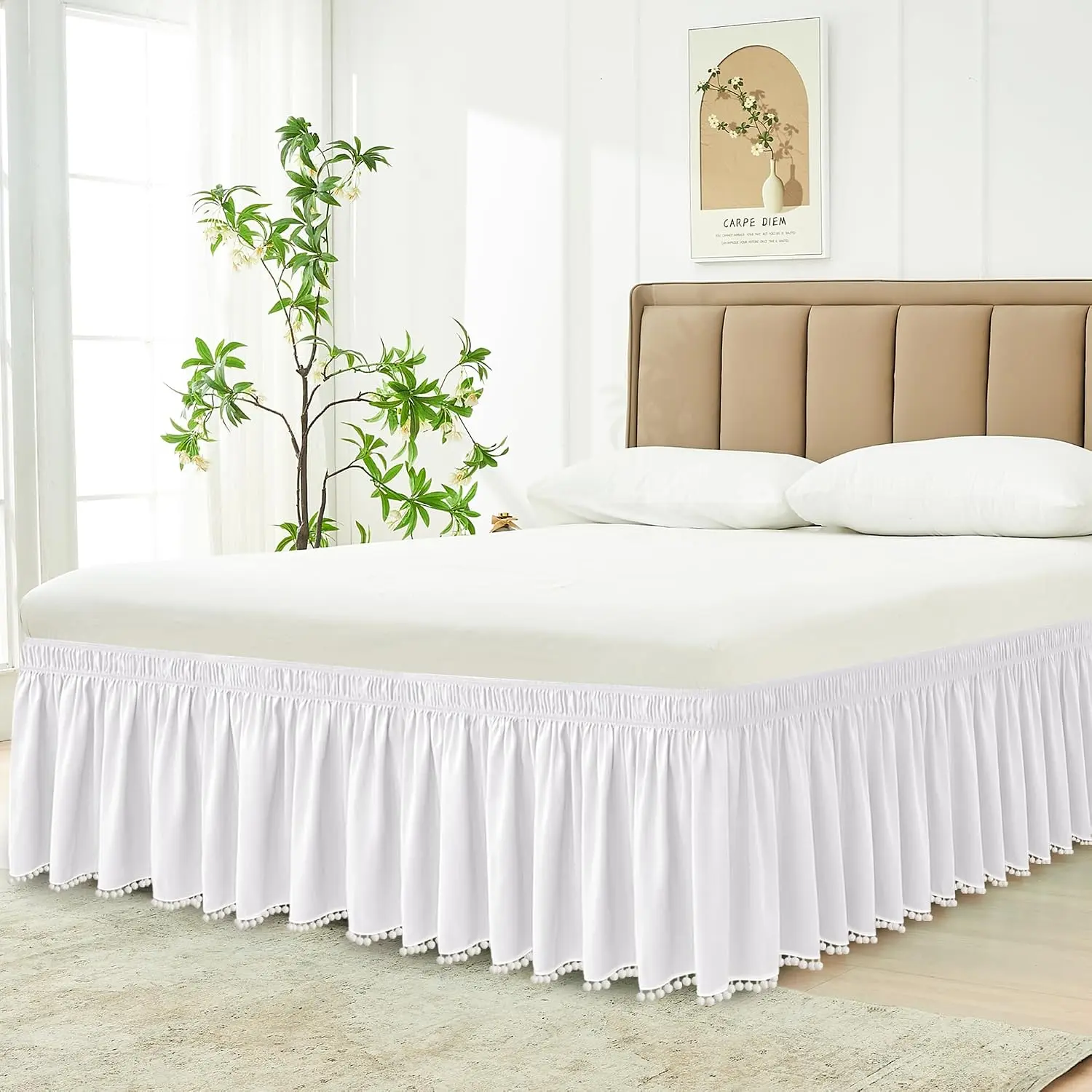 Wrap Around Queen Size Bed Skirt 15" Drop-Elastic Dust Ruffle White Pompom |   Pleated Bedskirt-Wrinkle Resistant Washable Hotel Quality Bed Skirting-Guest Bedroom Rental