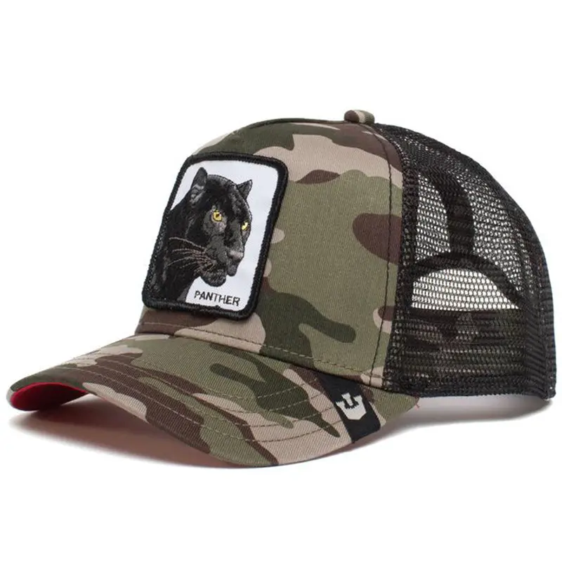 Cartoon Animal Embroidery Mesh Trucker Hat, Black Panther Tiger Wolf Pattern Breathable Baseball Cap for Outdoor Sports
