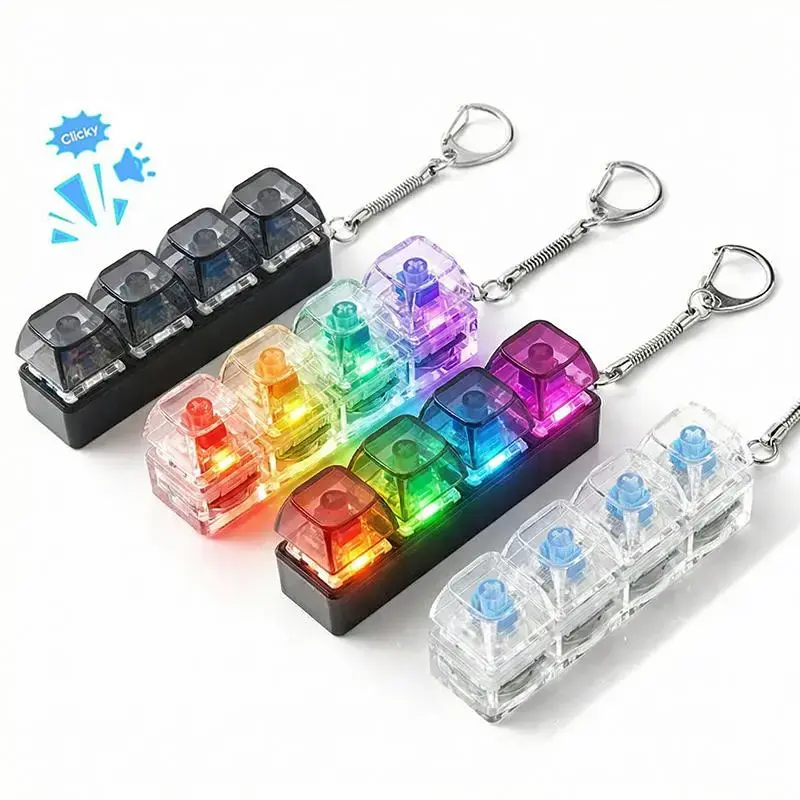 4-In-1 Compact Keyboard Finger Clicker Keychain - Neon Lights Anxiety Aid, LED Light Stress Relief Squeeze Toy for Home Decor