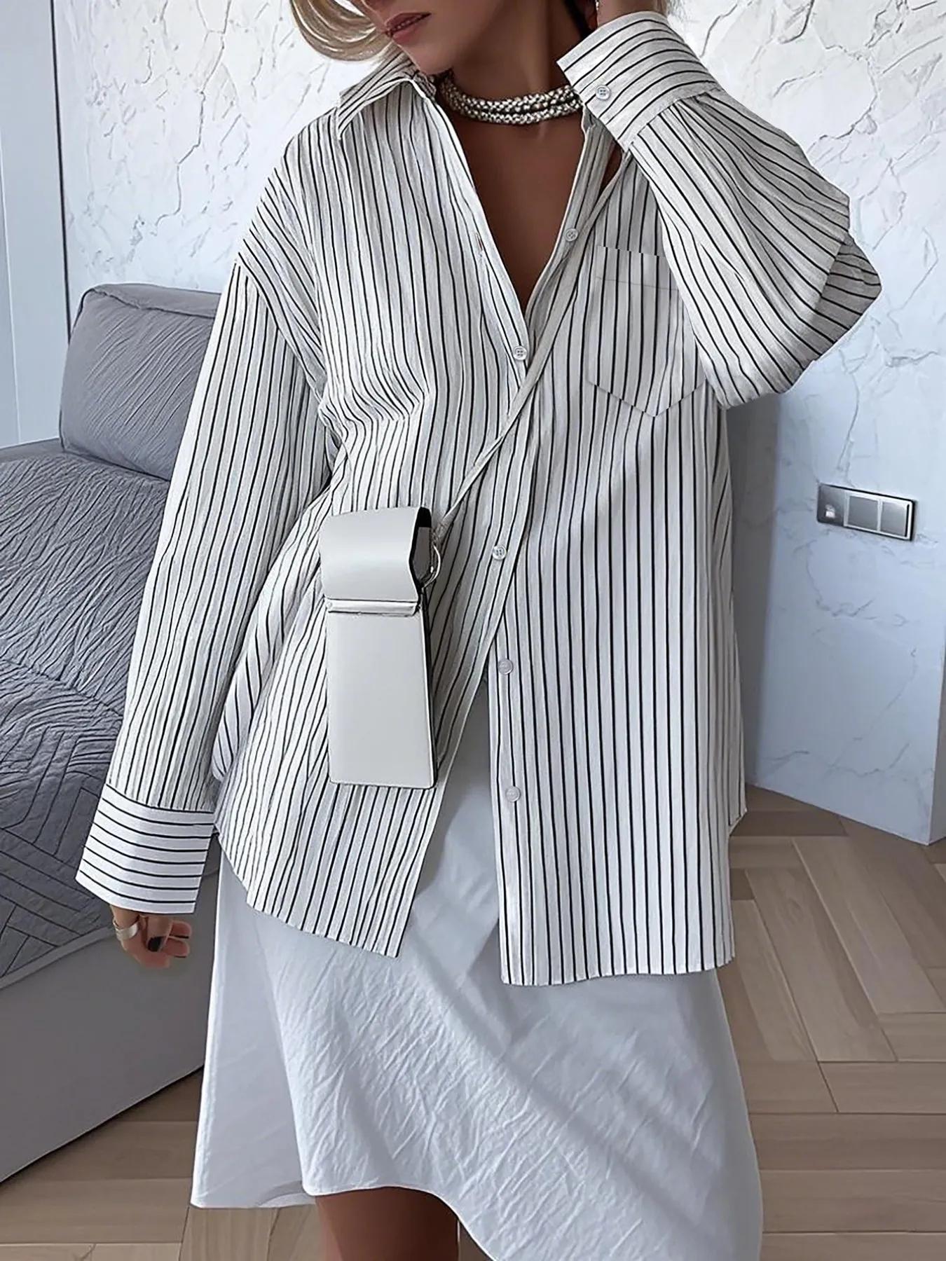 Women's Striped Long Sleeve Shirt, Fashionable Comfortable Design, Perfect for Daily Wear, Stylish Ladies' Top for Casual