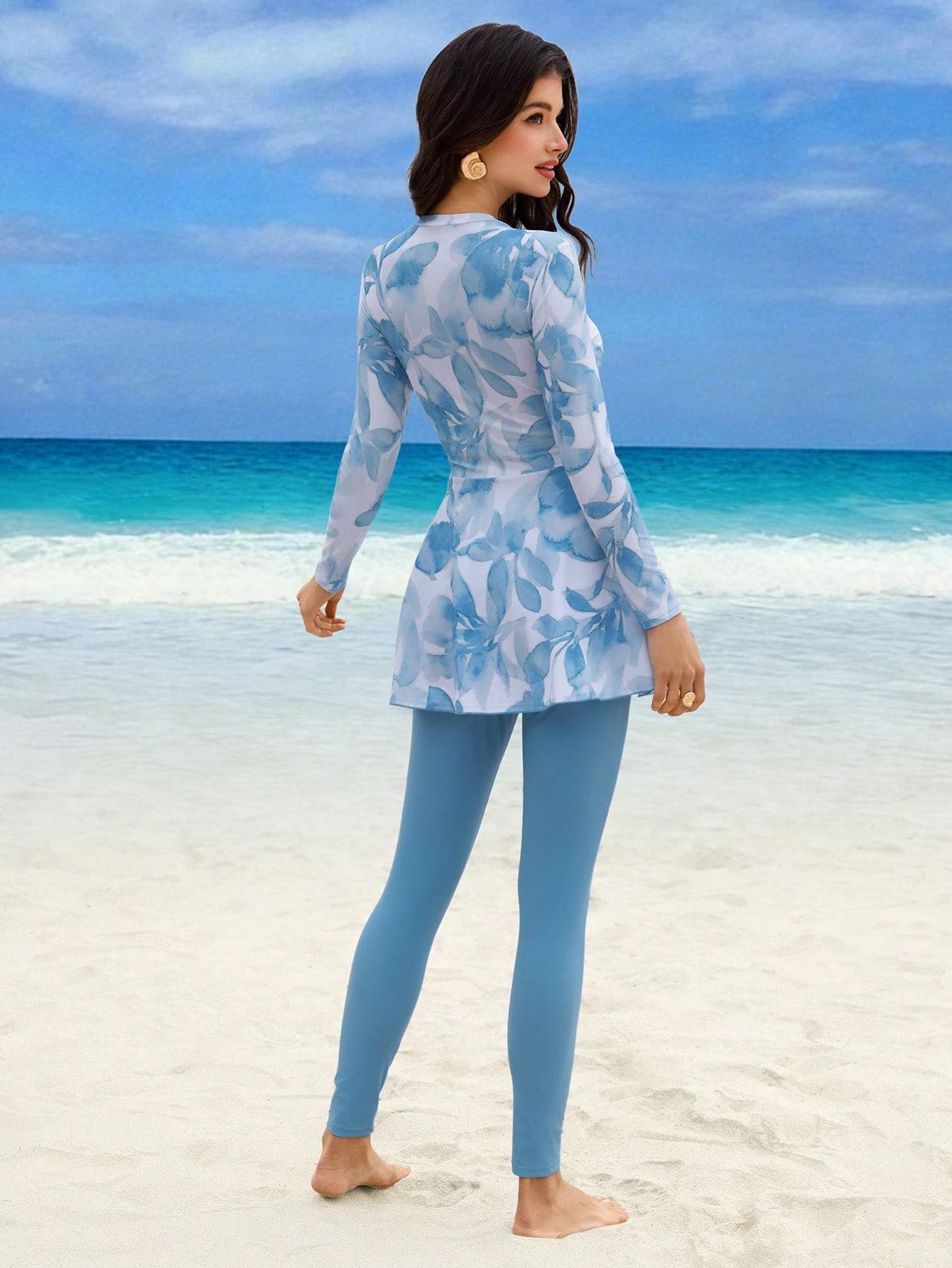 Women's Light Floral Print Bikini Set, Front Zipper Design, Long Sleeve and Pants, Beach Party Holiday, Mature Lady Swimsuit