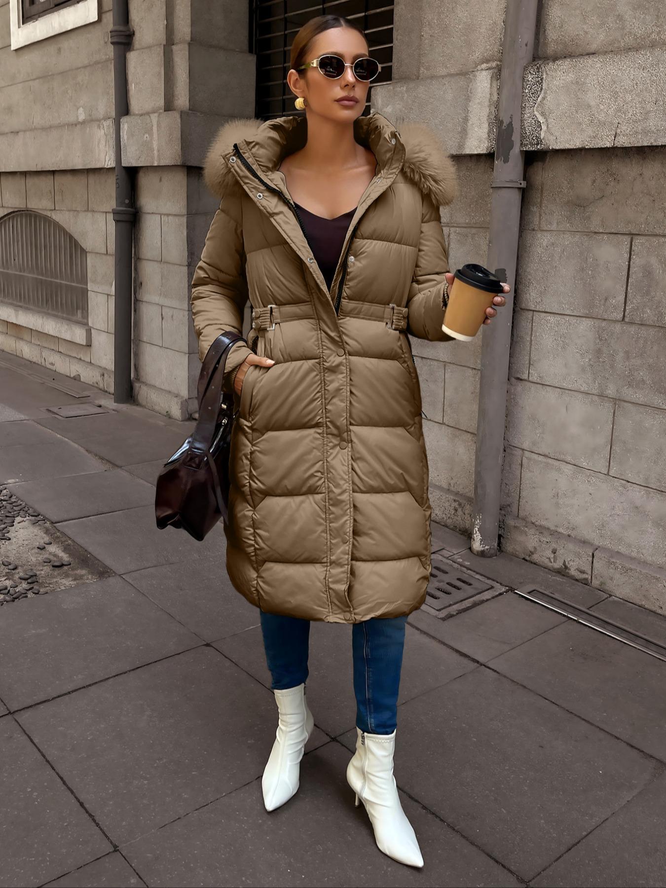 Women's Plus Size Winter Cotton Jacket, Hooded Warm Outdoor Commuter Coat with Fur Collar, Pocket Zipper, Waist Belt, Long Sleeve