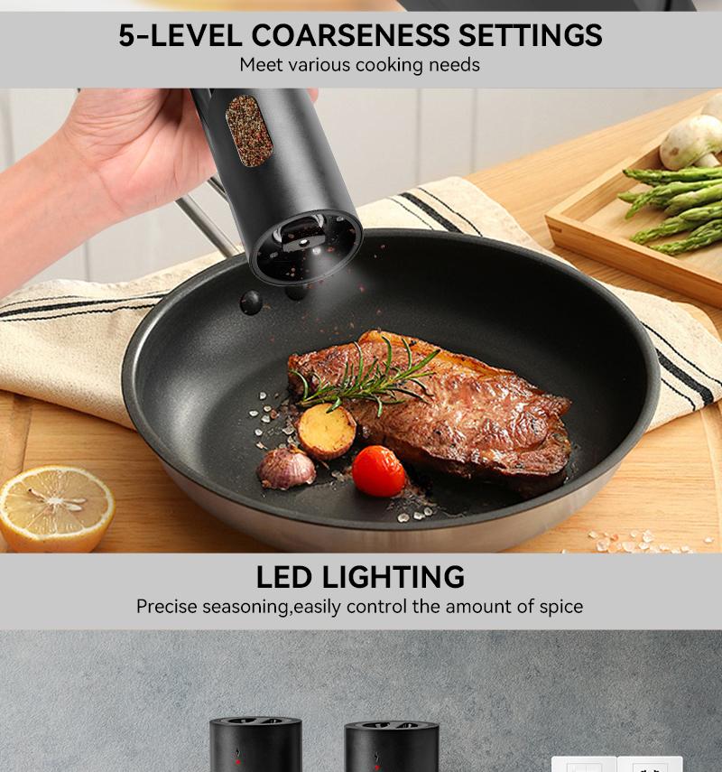 Susteas Rechargeable Electric Salt & Pepper Mill – 5 Coarseness Settings, One-Hand Use, Quick Charge. Perfect for Kitchens!