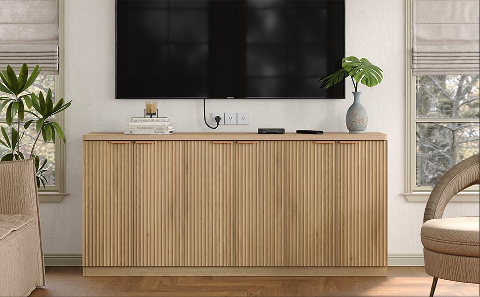 FUSOU Buffet Cabinet with Storage Accent Sideboard Modern Credenza with Doors & Shelves Fluted Media Console Mid Century Coffee Bar Table for Living Room Kitchen Dining Room Hallway