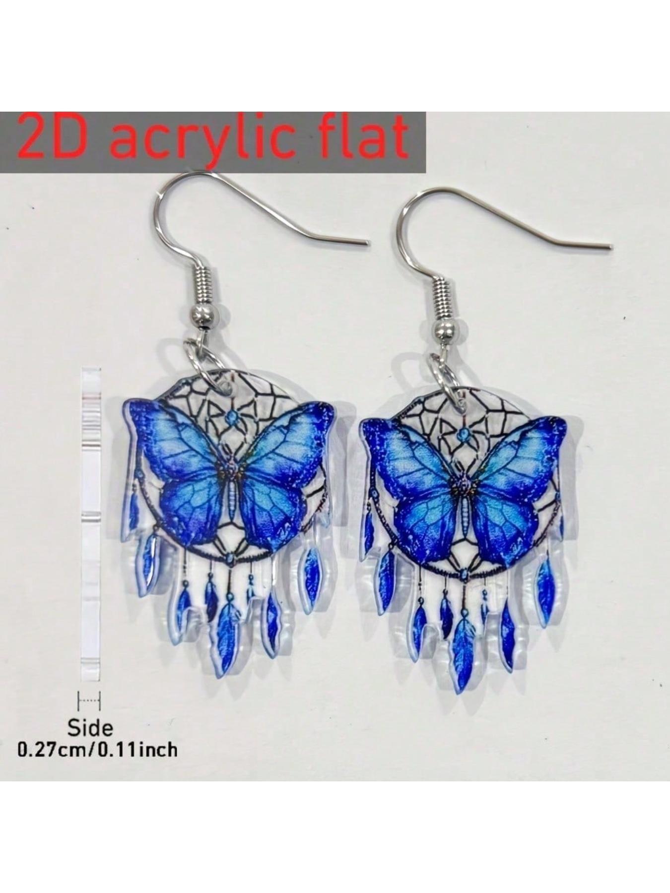 a pair of Bohemian style blue butterfly dream catcher earrings - acrylic double-sided printing, lightweight and suitable for casual dressing/parties, perfect gift for lovers, exquisite party butterfly pattern accessories, Mother's Day gift