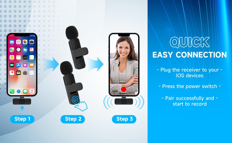 2pcs Lavalier Wireless Microphone for iPhone iPad, Wireless Lapel Microphone with Clear Audio for Recording, Wireless Microphone for Video Recording, Game Live Streaming, Interviews, Vlog