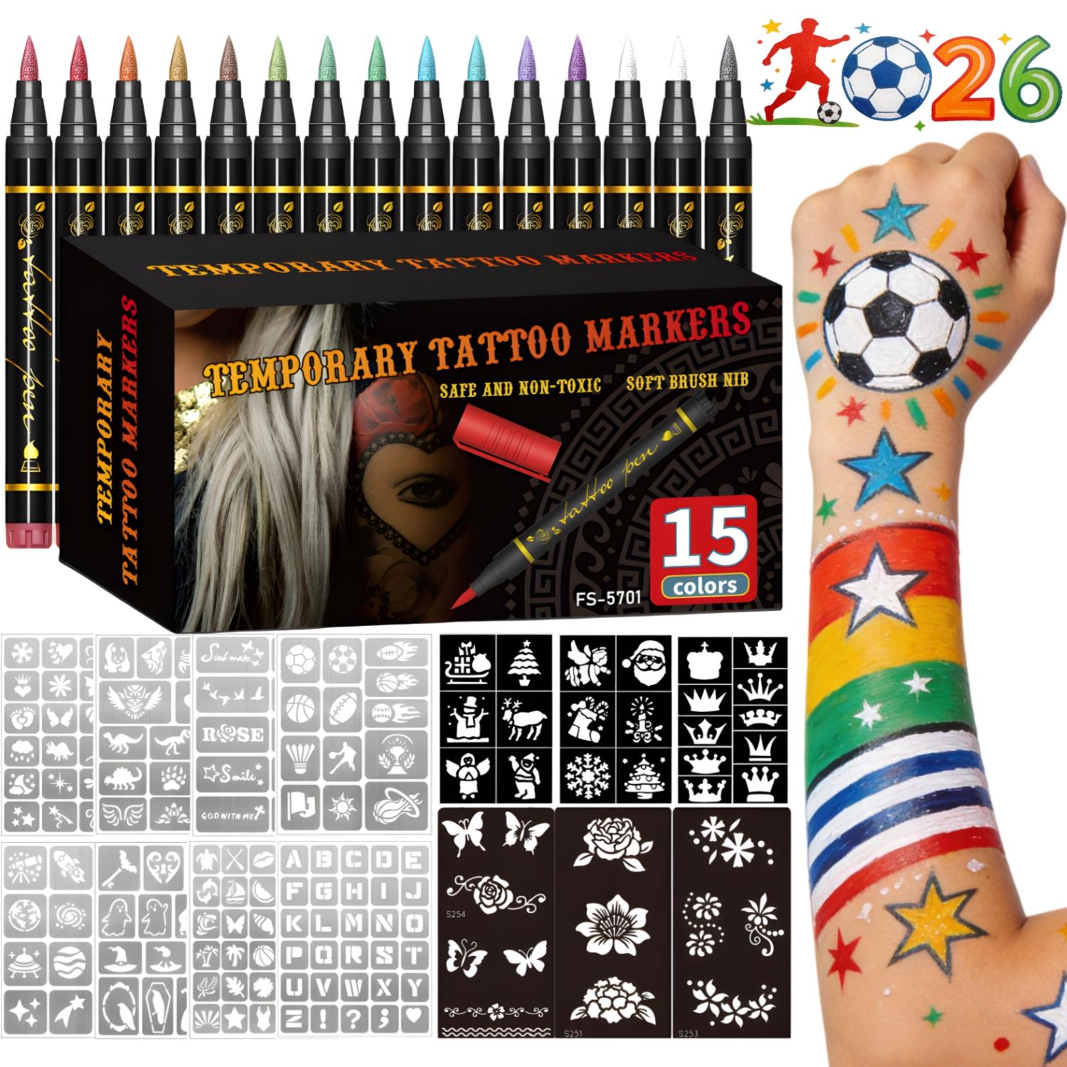 Temporary Tattoo Markers for Skin, Skin Safe, 10/15-Count Body Markers 10/15-Color Tattoo Pens, Flexible Brush Tip, Bright Colors, Cosmetic Quality Face Paint Kit, Perfect Christmas Gifts Temporary Tattoo Markers for Skin, Skin Safe, 10/15-Count Body Markers 10/15-Color Tattoo Pens, Flexible Brush Tip, Bright Colors, Cosmetic Quality Face Paint Kit, Perfect Christmas Gifts