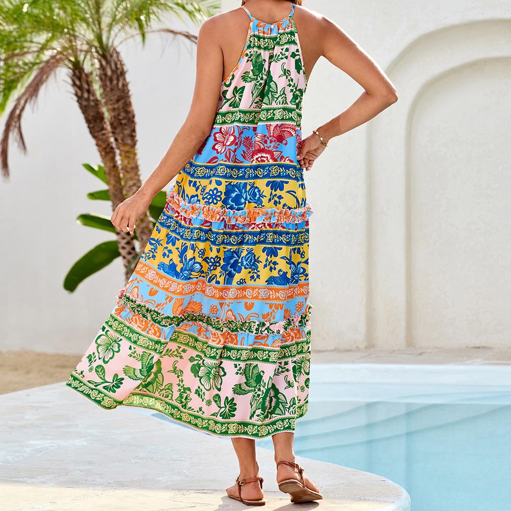 【Runs Large | Size Down】GRACE KARIN Women's Maxi Boho Dress Casual Summer Loose Long Floral Sundresses Flowy Halter Tiered Beach Vacation Outfits SpringStatements