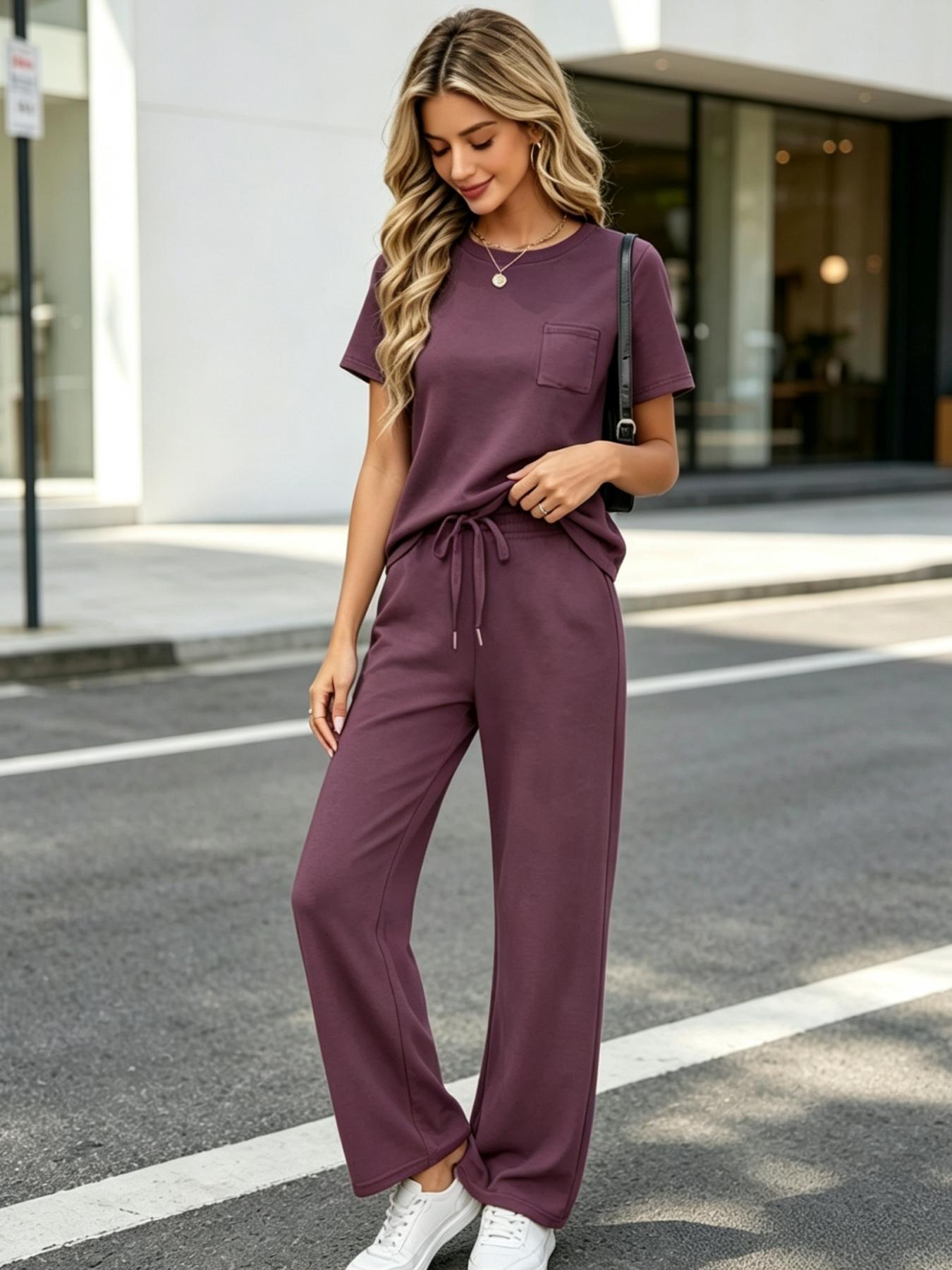 Women's Fashion Womenswear Solid Color Casual Round Neck Pocket T-Shirt + Drawstring Wide Leg Pants Set Loose Fit Slimming Wide Leg Pants Two-Piece Set Suitable for Summer Commuting to Work Shopping Outings Indoor and Outdoor Wear