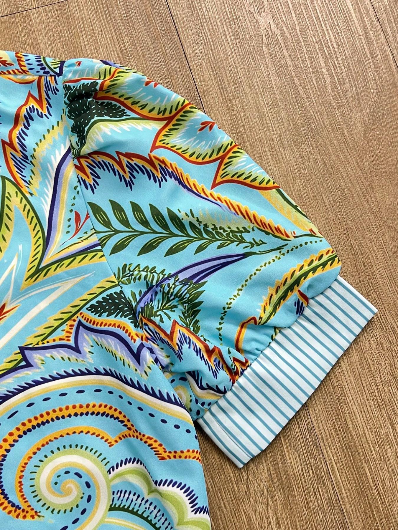 Vintage Paisley Print Blouse Shirt for Women - Spring Summer Casual Half-Open Front Top with Striped Collar