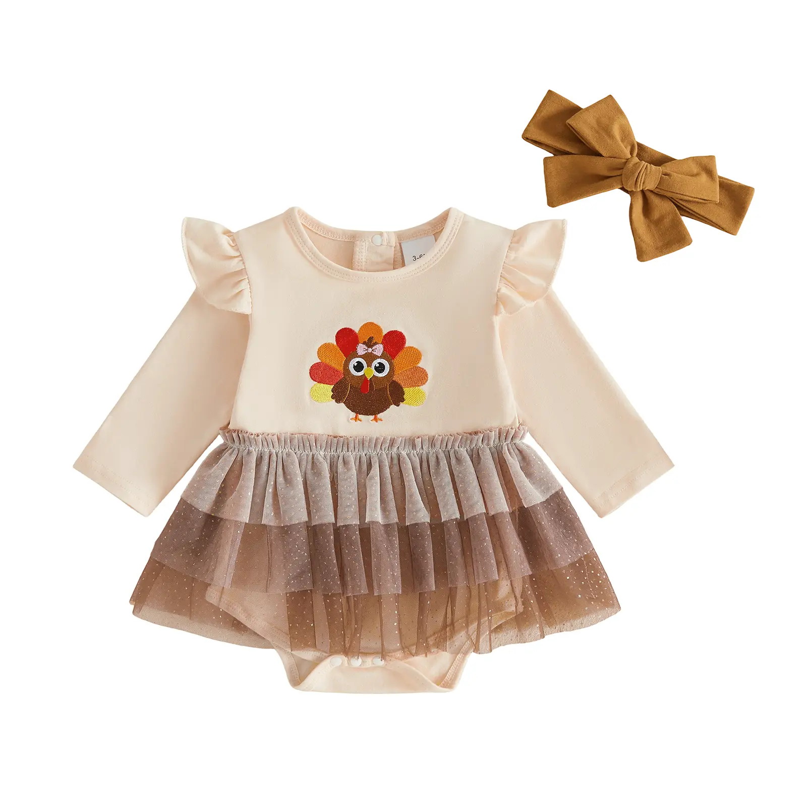 Babamoon Newborn Infant Baby Girls Thanksgiving Romper Dress Turkey Embroidery Onesie Bodysuit & Headband Dress 0-18M