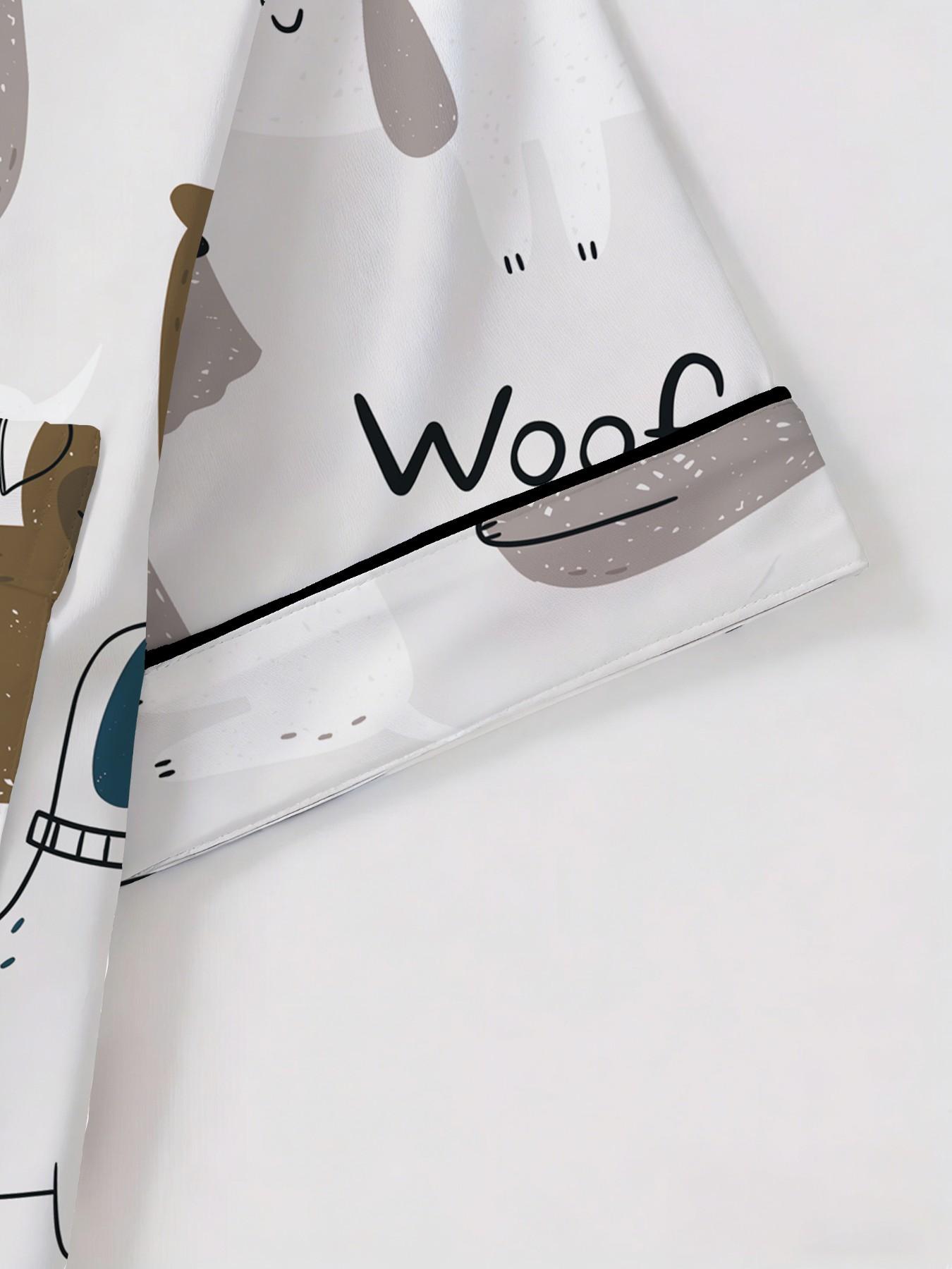 Women's Short Sleeve Button Down Top and Shorts Pajama Set, Spring Summer Wear, For Fun Lovers, White Base Funny Dog Woof Print, Classic Lapel Collar, Loose Fit, Comfortable For Home & Photo Shooting