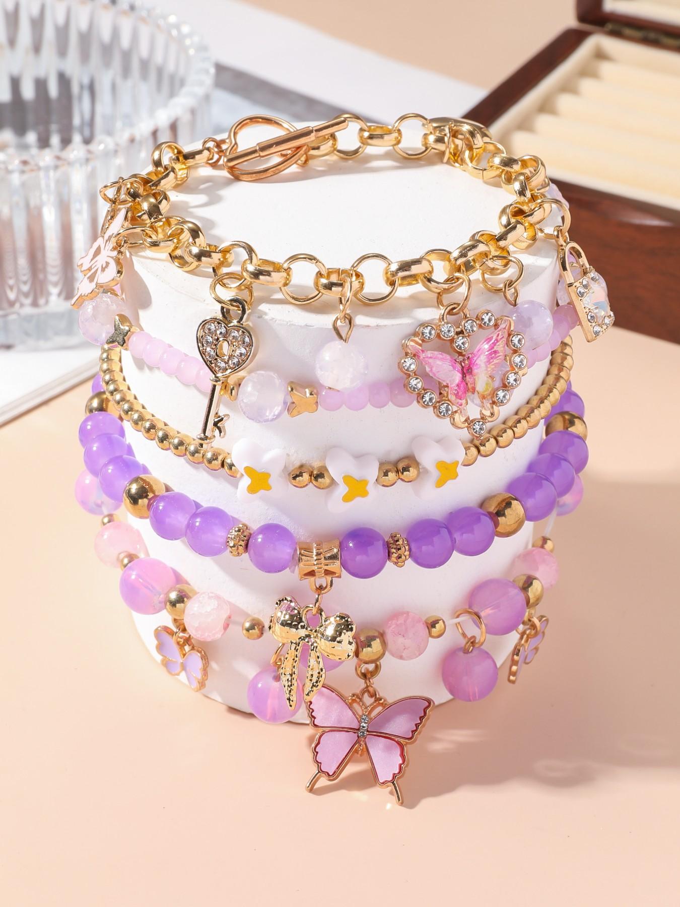 5Pcs Purple Butterfly Beaded Charm Bracelet Stack Set, Multi-Piece Stretchable Layered Bracelets with Gold Tone, Y2K Boho Style, Perfect for Daily Wear, Festival, Beach, Casual & Formal Occasions