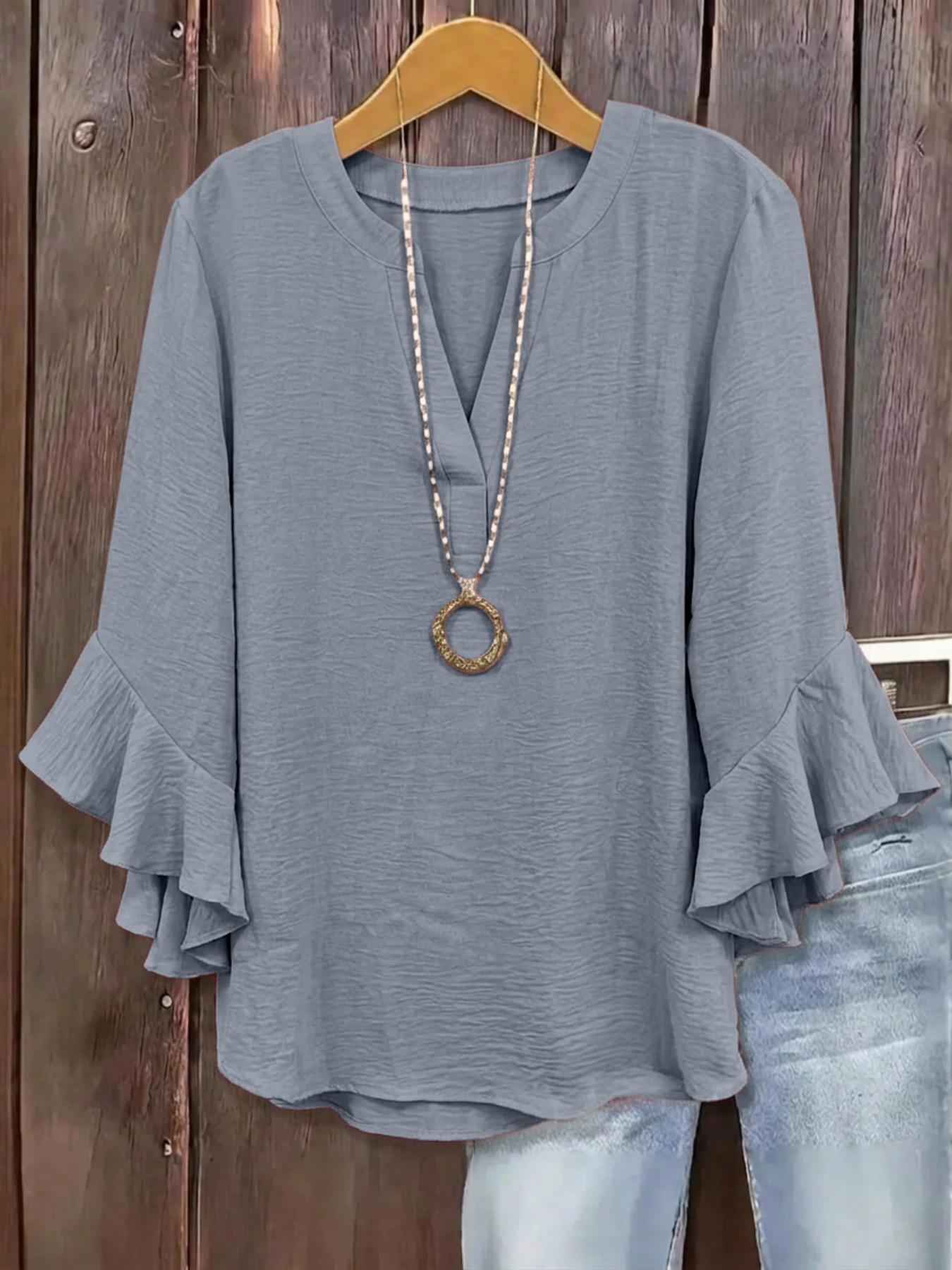 Plus Size V-Neck Ruffled Sleeve Textured Blouse, Loose Fit Y2K Summer Top, Trendy Elegant Flounce Detail, Comfortable Casual Everyday & Party Wear, Blouses Shirts Tops