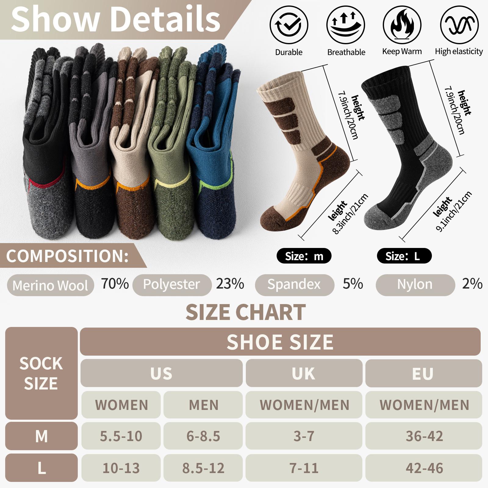 5 Pairs Merino Wool Hiking Socks For Women & Man Compression Support Sweat Absorbing Breathable Thick Cushion Work Socks Festival Gift Socks Menswear Bestie