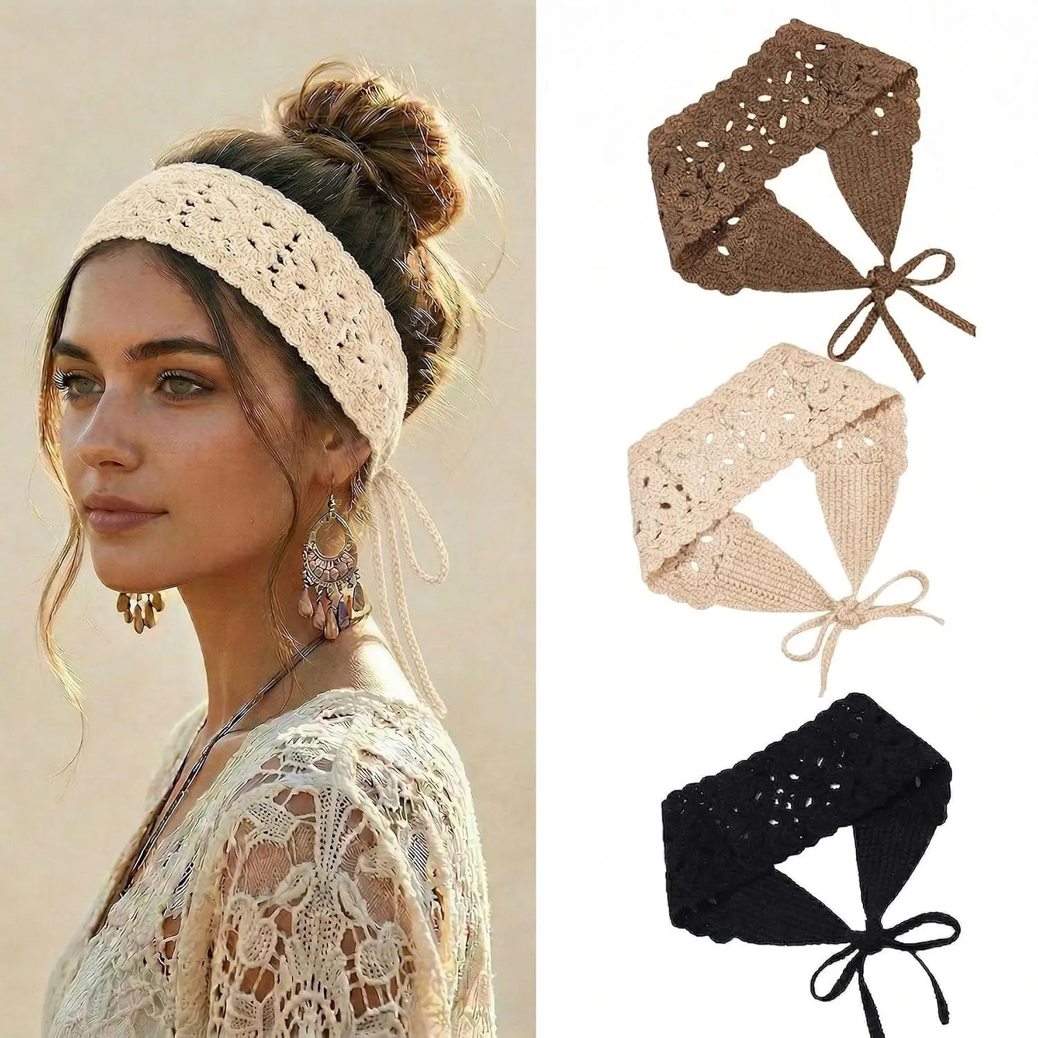 Outdoor sports 3Pcs Boho Headbands for Women Bandana Crochet Knit Hair Band Headband Hair Scarf Head Bands for Women's Hair (A3)