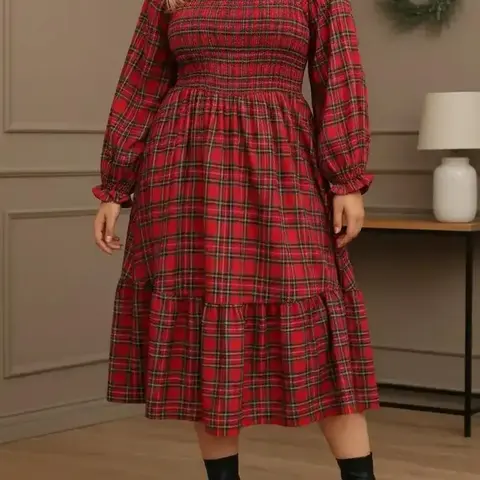 Christmas Plus Size Plaid Long Sleeve Dress for Women, Dresses with Sleeves, Casual Loose-Fitting A-Line Dress, Fall & Winter Fashion, Comfortable Daily Wear, Casual Boho Chic, Boho Fashion Dress