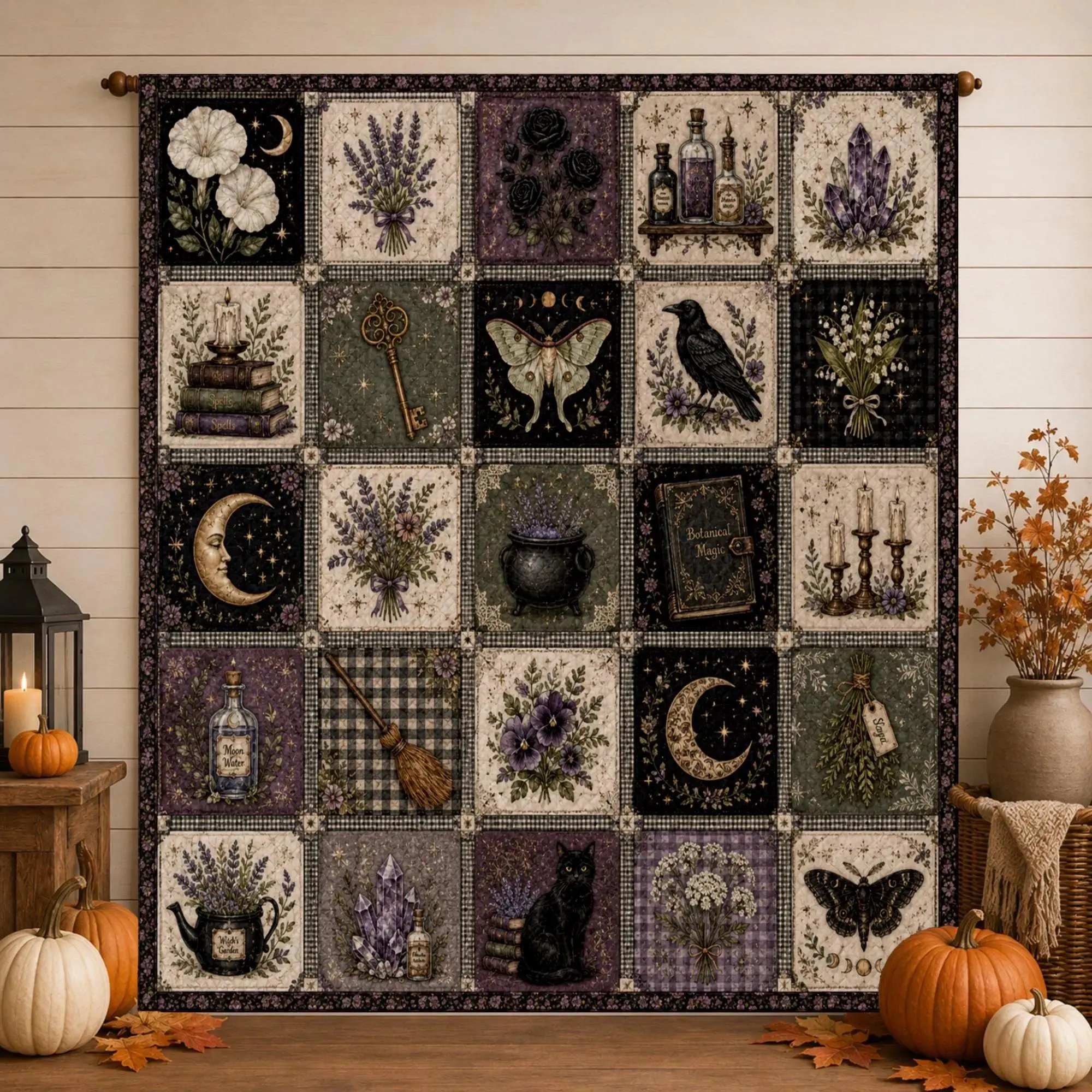 Gothic Witch Quilt Blanket, Dark Cottagecore Throw, Lavender Moon Raven Patchwork Quilt, Botanical Magic Bedding, Witchy Gift