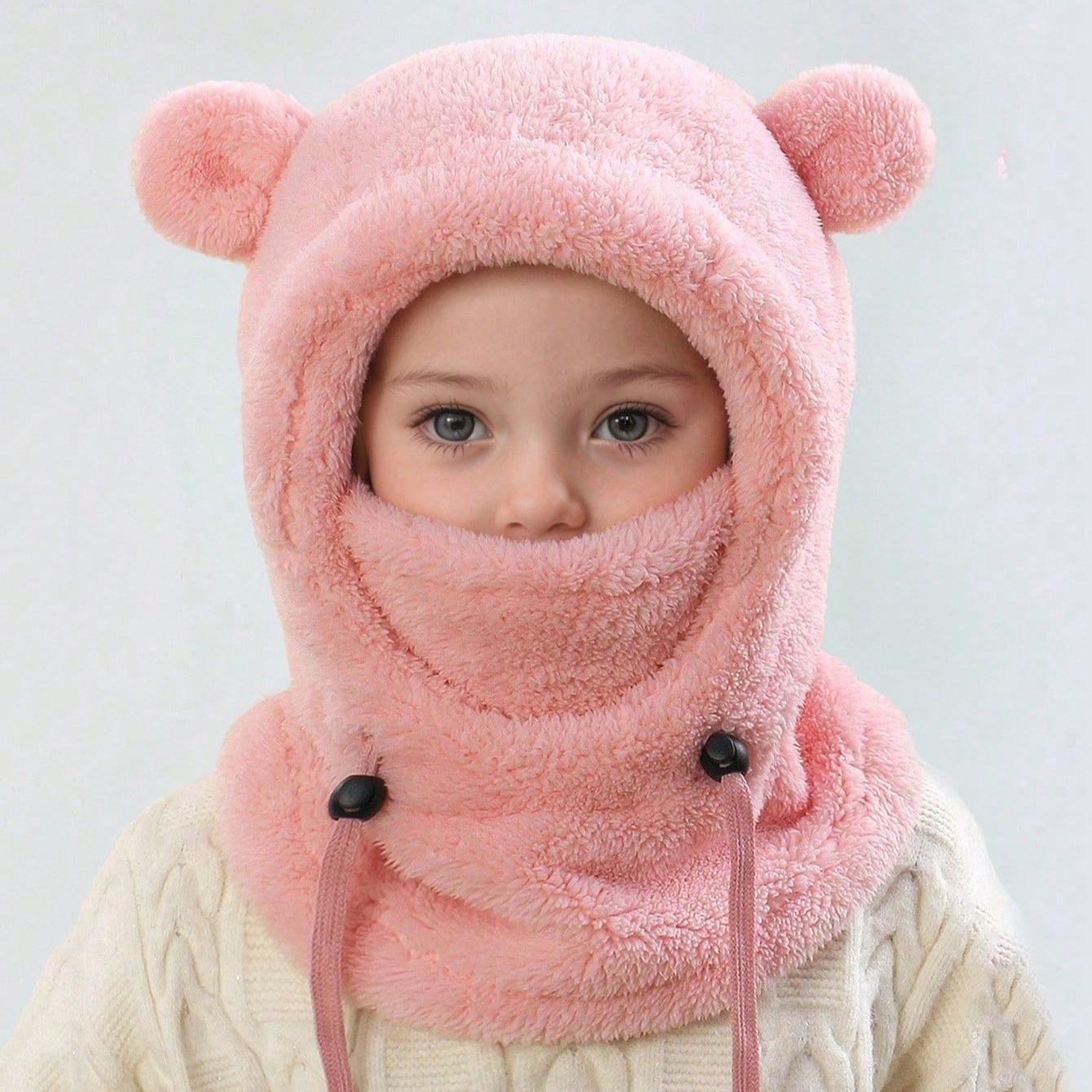 Autumn/Winter Kids Hooded Hat with Cute Bear Ears, Fleece-Lined Scarf and Mask, Unisex Children Outdoor Windproof Animal Headwear, Hooded Bonnet