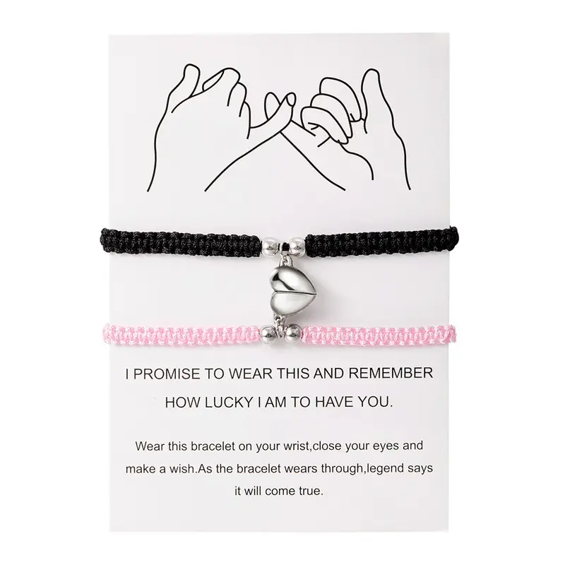 Unisex 2-Piece Set Beaded Hand-Woven Heart Magnetic Rope Bracelets - Beading Detail, Everyday Wear Fashion Costume Jewelry, Romantic Accessories, Gifts for Boyfriend