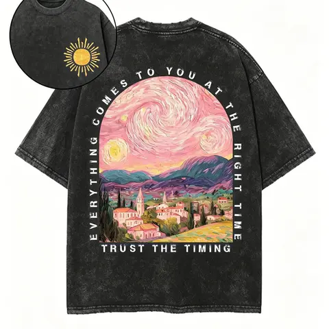 Men & Women Van Gogh Starry Night Art Print Acid Wash T-Shirt, "Everything Comes To You At The Right Time" Inspirational Quote, 100% Cotton Summer Oversized Casual Tee, Aesthetic Vintage Streetwear for Daily & Vacation Wear