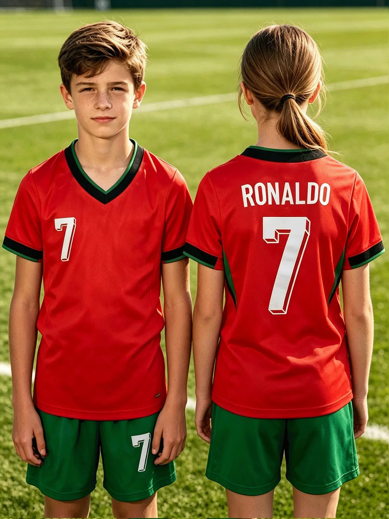 New V-Neck C Ronaldo Kids Football Set, Unisex Quick-Dry Short Sleeve Shorts, Casual Loose-Fit Suit, Random Print, Family Training Gear, Jersey Set