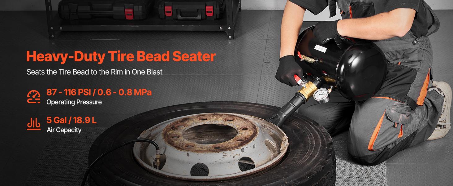 VEVOR Air Tire Bead Seater, 5 Gal/ 18.9 L, Heavy Duty Tire Bead Blaster Tool, 87-116 PSI Operating Pressure, Air Trigger Seating Inflator for Pickup, Truck, ATV, Jeep, Van, Lawn Tractor, RV, Black