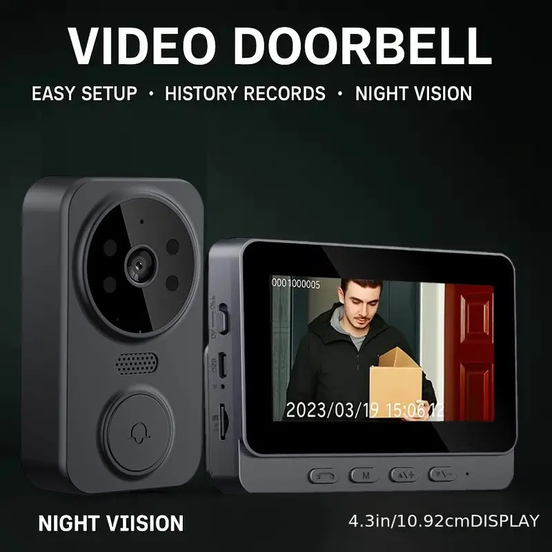 Video Doorbell Camera with Screen, 960P HD Monitor, Wide Viewing Angle, Home Intercom, Night Vision, Two-Way Voice, No WiFi, Touch Control, No APP, SD Card Storage, Battery Powered