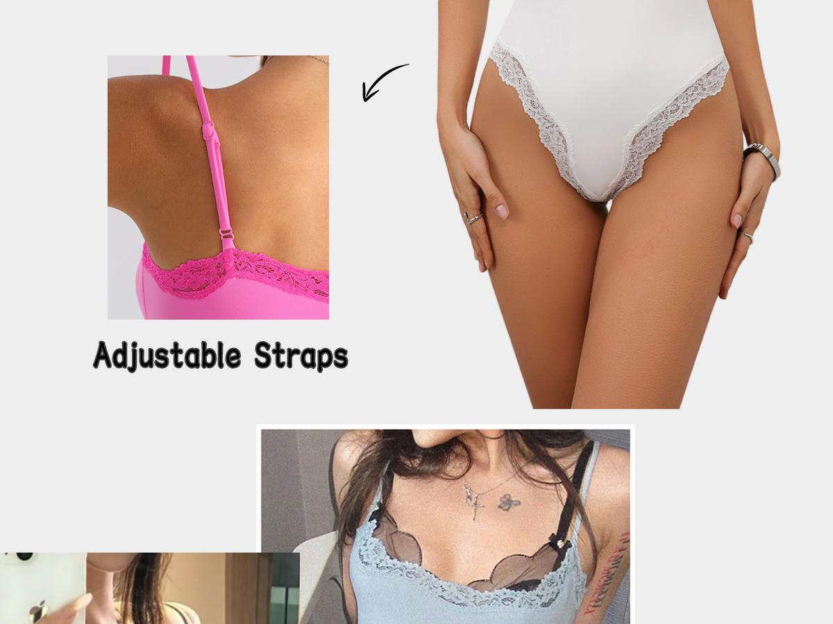 Starrylion Lace Body Suit Square Neck Tops for Women Sleeveless Spaghetti Strap Tank Top Bodysuits for Women Sexy Jumpsuit