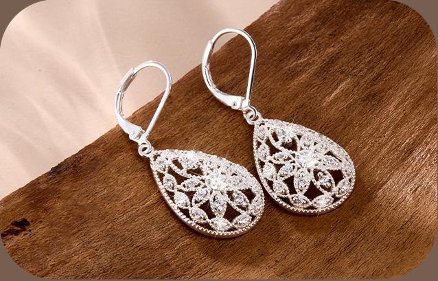 Women's 925 Sterling Silver Teardrop Earrings Jewelry - Antique Style Cubic Zirconia Filigree Leverback Dangle Earrings, Hypoallergenic Gift Set, Summerwins, Antique Style Earrings
