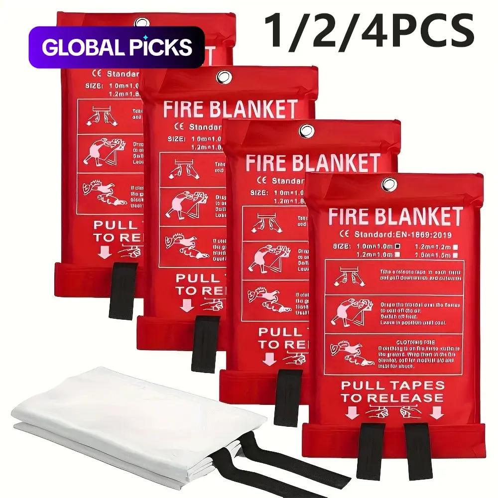Heat-Resistant Fiberglass Fire Blankets with Pull Tabs, Emergency Supply, 4 Counts Reusable Fire Safety Equipment for Kitchen, Home, School and Office, Emergency and Supplies #GLOBAL PICKS